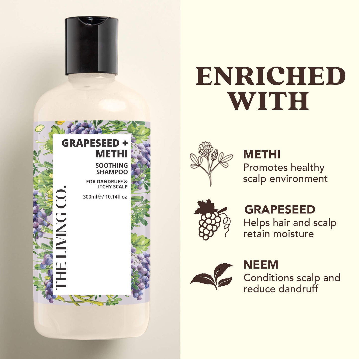 Soothing Shampoo with GRAPESEED + METHI for Dandruff & Itchy Scalp - 300ml